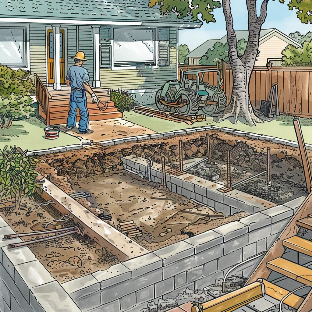 Construction worker preparing site for concrete patio installation, showing excavated area with foundation forms and tools, residential setting in Greensboro.