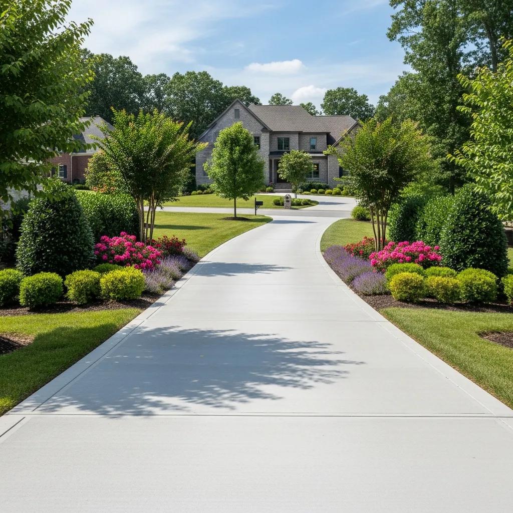 Beautifully installed concrete driveway leading to a modern home, surrounded by lush landscaping, colorful flowers, and manicured shrubs, showcasing the aesthetic benefits of concrete driveways in Greensboro NC.