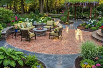 Beautifully landscaped Greensboro yard with decorative concrete features, showcasing stamped and stained surfaces