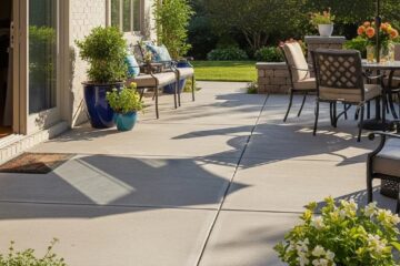Beautifully maintained concrete patio with potted plants and outdoor furniture, emphasizing the importance of repair and maintenance
