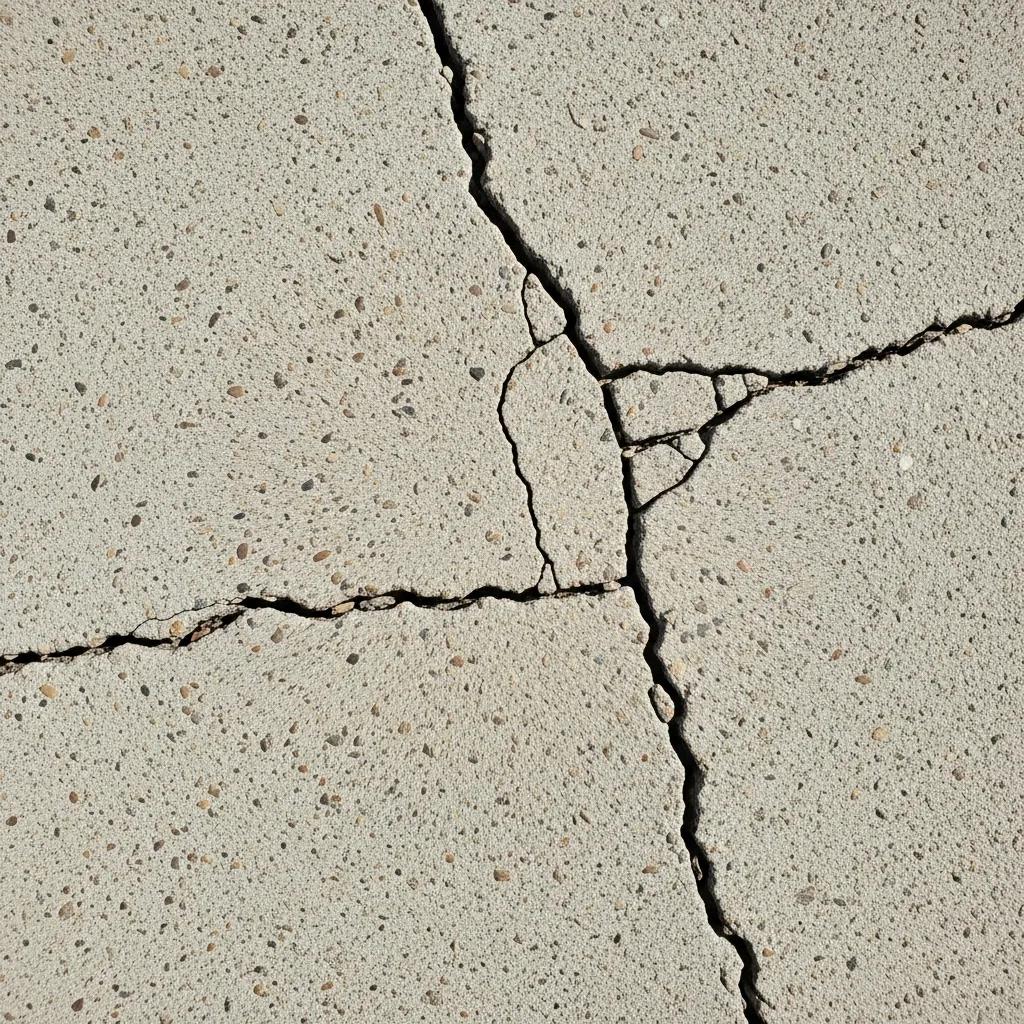 Close-up of a cracked concrete patio showing multiple damage types, illustrating factors influencing repair costs for concrete patio repair in Greensboro, NC.