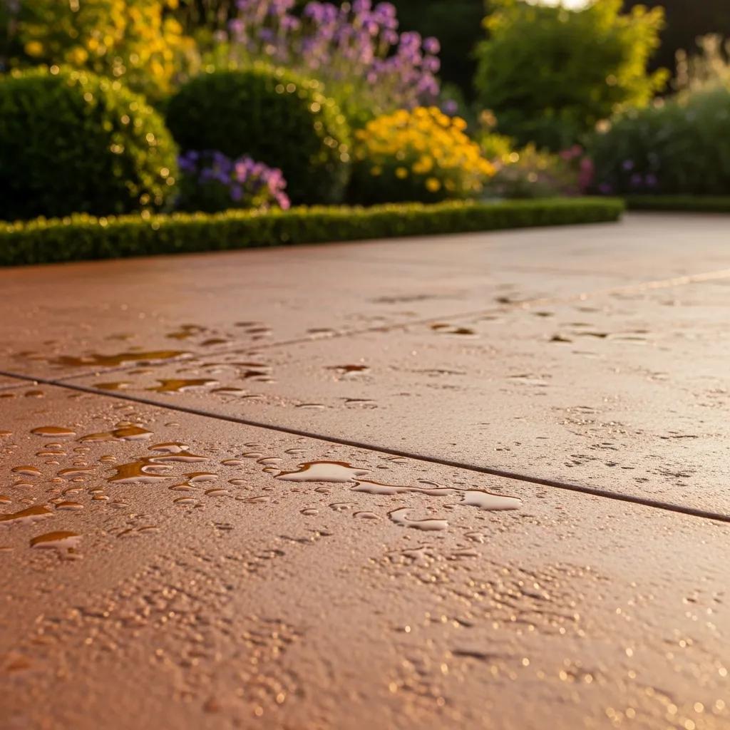 Close-up of a durable colored concrete patio highlighting its aesthetic appeal and maintenance benefits