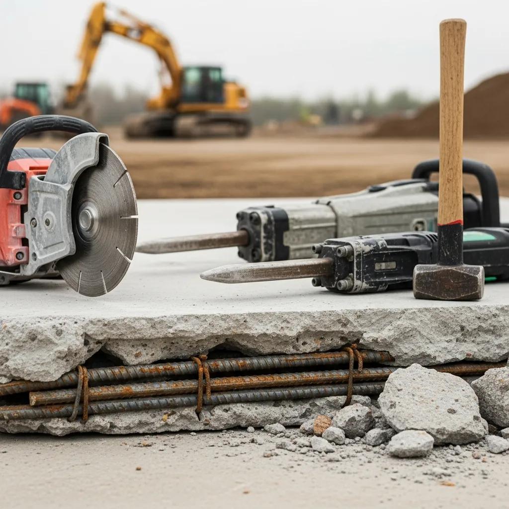 Close-up of a concrete slab with exposed rebar, concrete cutting and drilling tools, illustrating factors influencing concrete removal costs in Greensboro, NC.