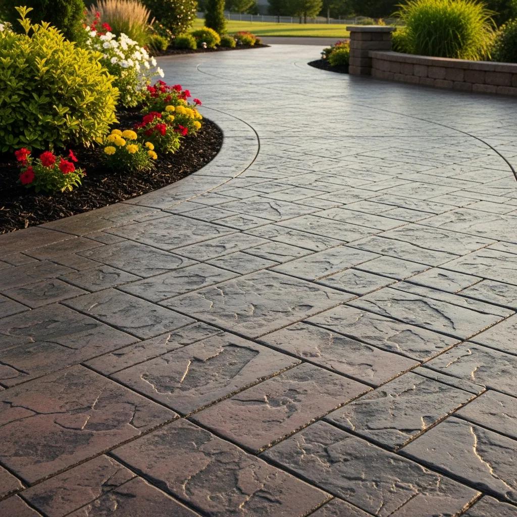 Close-up view of a stamped concrete driveway featuring decorative patterns, surrounded by colorful flowers and greenery, illustrating aesthetic benefits and customization options for homeowners.