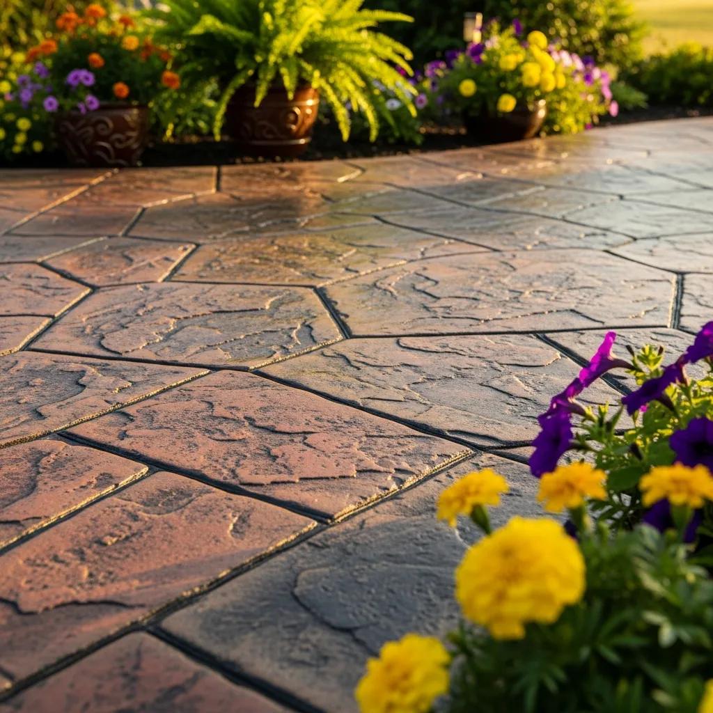 Close-up of a stamped concrete patio featuring decorative hexagonal patterns and textures, surrounded by vibrant potted flowers, illustrating design options for enhancing outdoor spaces.