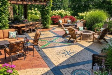 Colored concrete patio in Greensboro, NC showcasing vibrant designs, outdoor seating, and lush greenery, ideal for enhancing outdoor living spaces.