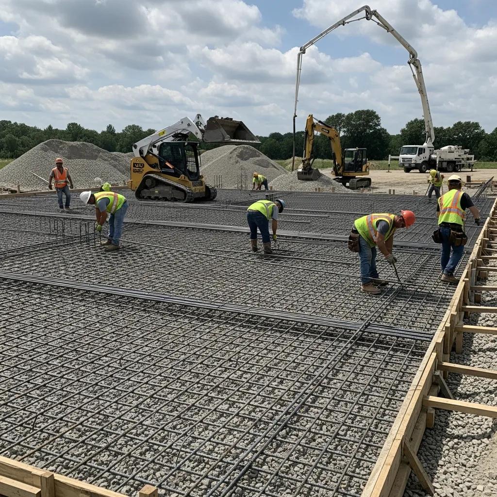 Construction site featuring workers installing steel rebar reinforcement for a commercial concrete driveway, with heavy machinery in the background and gravel piles.
