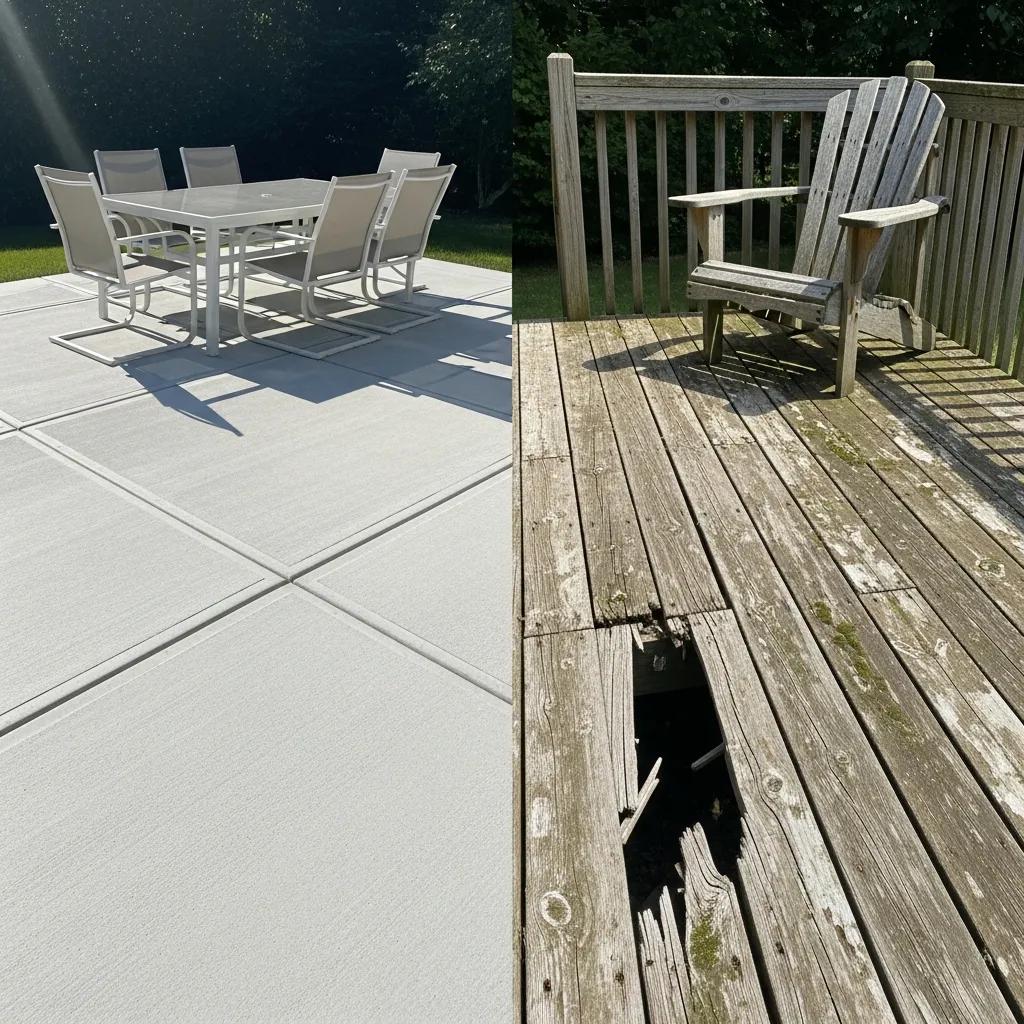 Comparison of durability between concrete patio and weathered wood deck