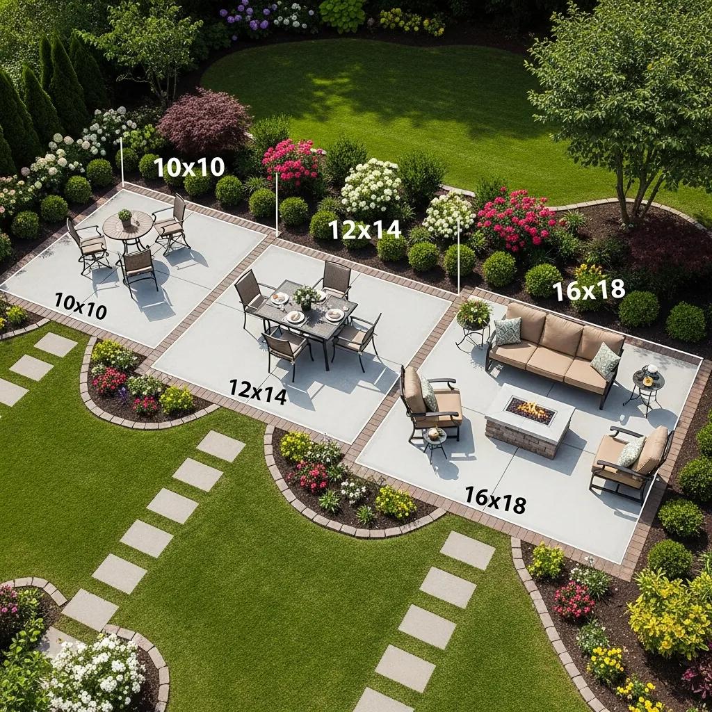 Comparison of various concrete patio sizes (10x10, 12x14, 16x18) in a landscaped garden setting with seating areas and colorful flower beds, illustrating options for homeowners in Greensboro.