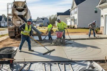 Concrete driveway being poured in Greensboro, NC, highlighting construction workers and equipment