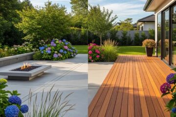 Concrete patio with fire pit and wooden deck surrounded by colorful flowers in a sunny outdoor setting.
