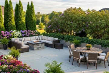Concrete patio featuring stylish outdoor furniture and vibrant greenery in a Greensboro backyard, ideal for enhancing outdoor living spaces.