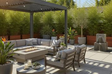 Concrete patio in a residential backyard featuring modern seating, a fire pit, and decorative plants, enhancing outdoor living space in Greensboro.