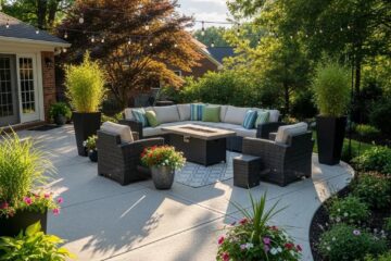 Concrete patio in Greensboro, NC, featuring outdoor furniture, vibrant greenery, and decorative planters, illustrating a stylish and inviting outdoor living space.