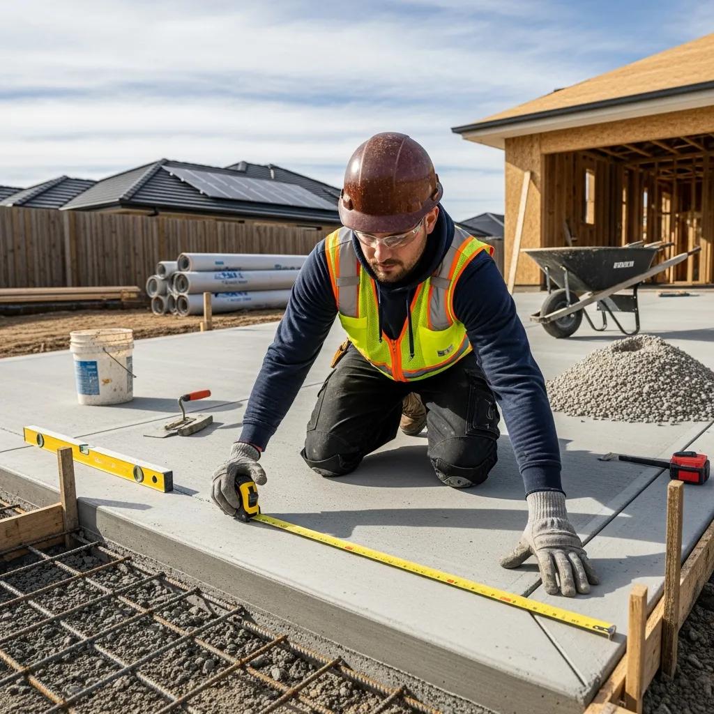 Construction worker measuring a concrete driveway, illustrating the process of determining average costs and dimensions