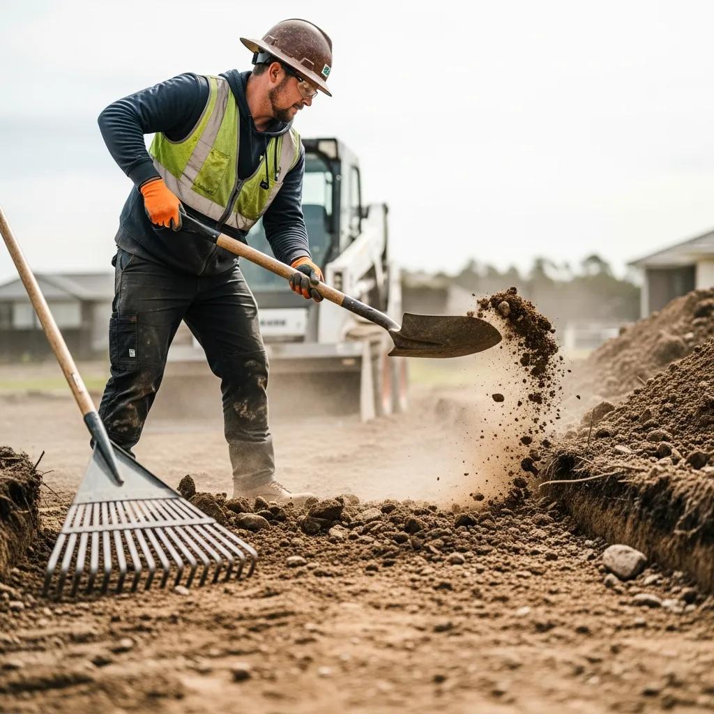 Construction worker shoveling soil during site preparation for concrete driveway installation, with a focus on creating a solid base for drainage and support.