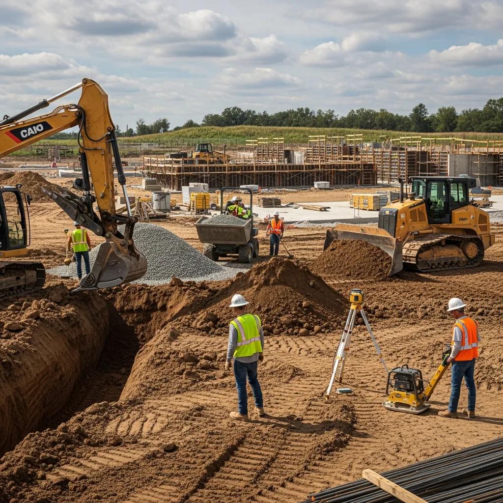 Construction workers preparing a site for concrete pouring, using excavation equipment and grading tools, with heavy machinery and materials in the background.