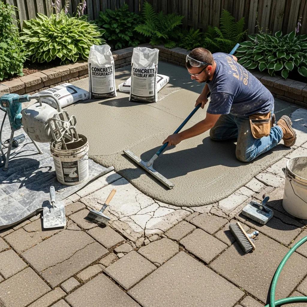 Contractor applying a concrete overlay during patio resurfacing, showcasing common repair methods with bags of concrete overlay mix and tools on-site.
