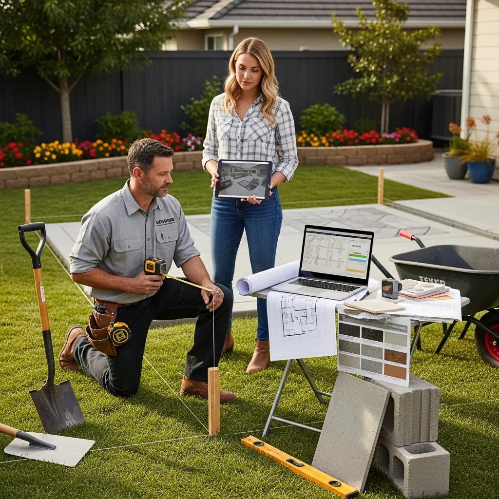 Contractor estimating installation costs for concrete patio in a residential setting