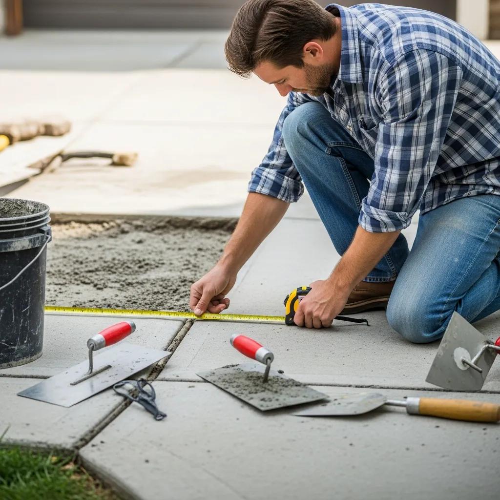 Contractor measuring concrete driveway with tape measure and tools, emphasizing accurate estimates for Greensboro driveway repair costs.