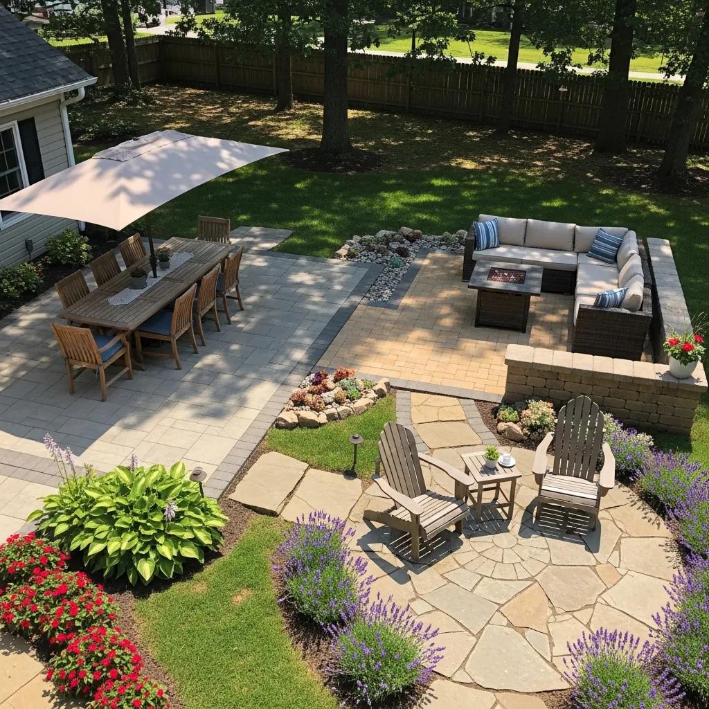 Backyard patio featuring various shapes and designs, including a rectangular dining area with a table and chairs, an L-shaped seating arrangement, and a circular stone patio with Adirondack chairs, surrounded by vibrant flowers and greenery.
