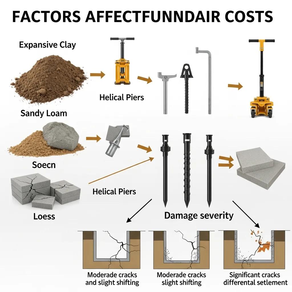 Factors affecting foundation repair costs, including soil types like expansive clay and sandy loam, tools such as helical piers, and varying damage severity illustrated through images of cracks and shifting.