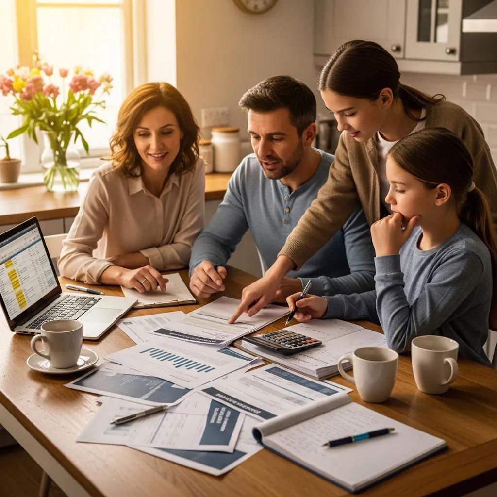 Family discussing financing options for foundation repair at a kitchen table, reviewing documents and using a calculator, with a laptop and coffee mugs nearby.