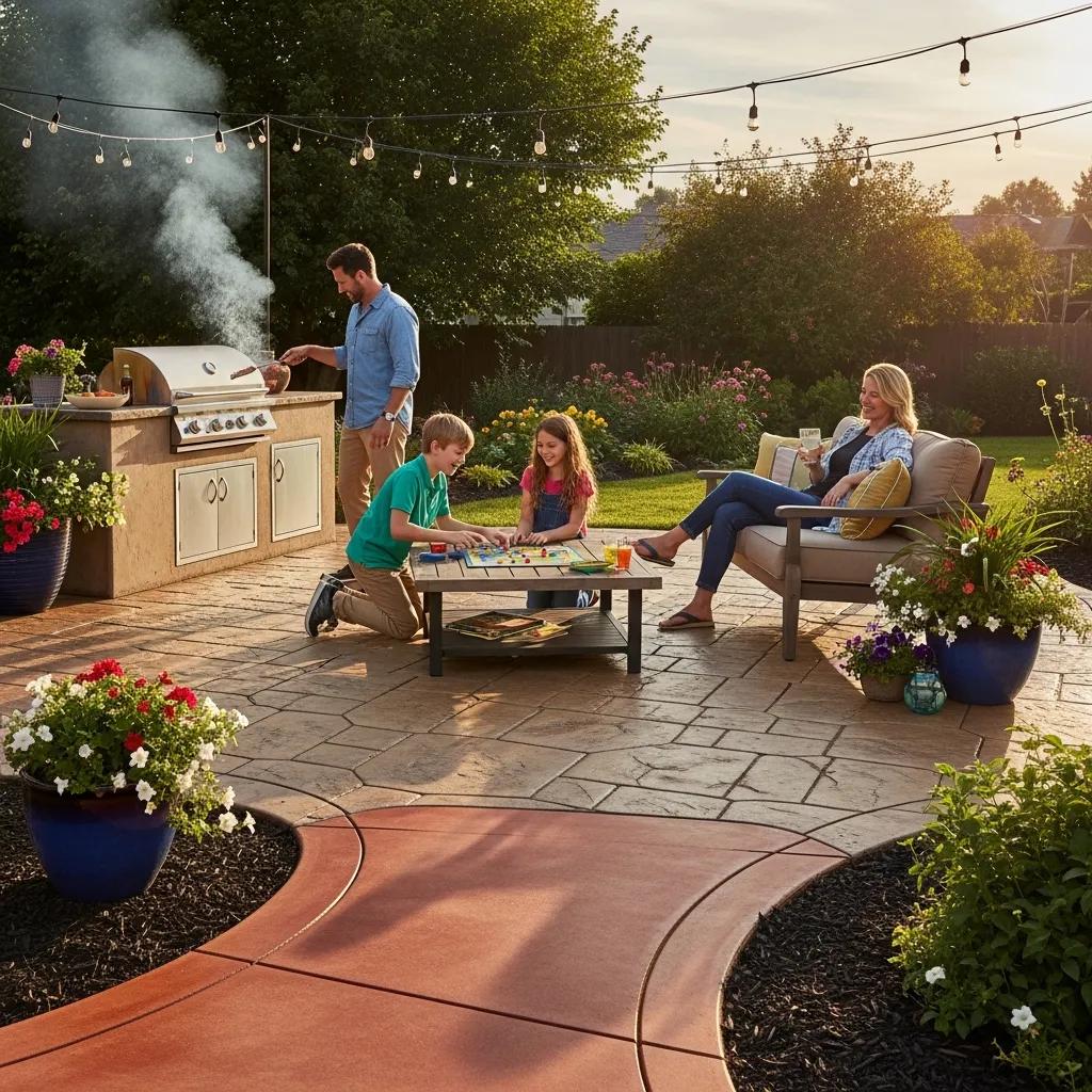 Family enjoying a decorative concrete patio with a grill, playing games, and relaxing in a vibrant outdoor living space, showcasing the benefits of decorative concrete for enhancing outdoor aesthetics and functionality.
