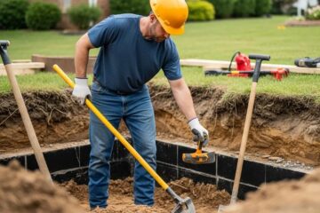 Foundation repair scene in Greensboro, NC with a contractor inspecting a residential foundation