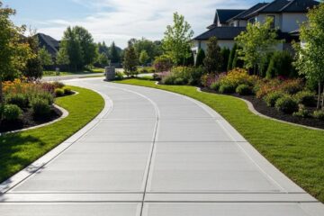 Freshly installed concrete driveway surrounded by greenery, showcasing durability and aesthetic appeal