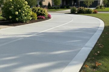 Freshly poured concrete driveway in a residential setting, highlighting quality and thickness