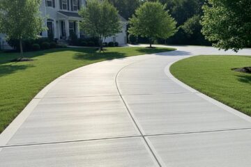 Freshly poured concrete driveway in a suburban neighborhood, highlighting smooth surface and residential appeal