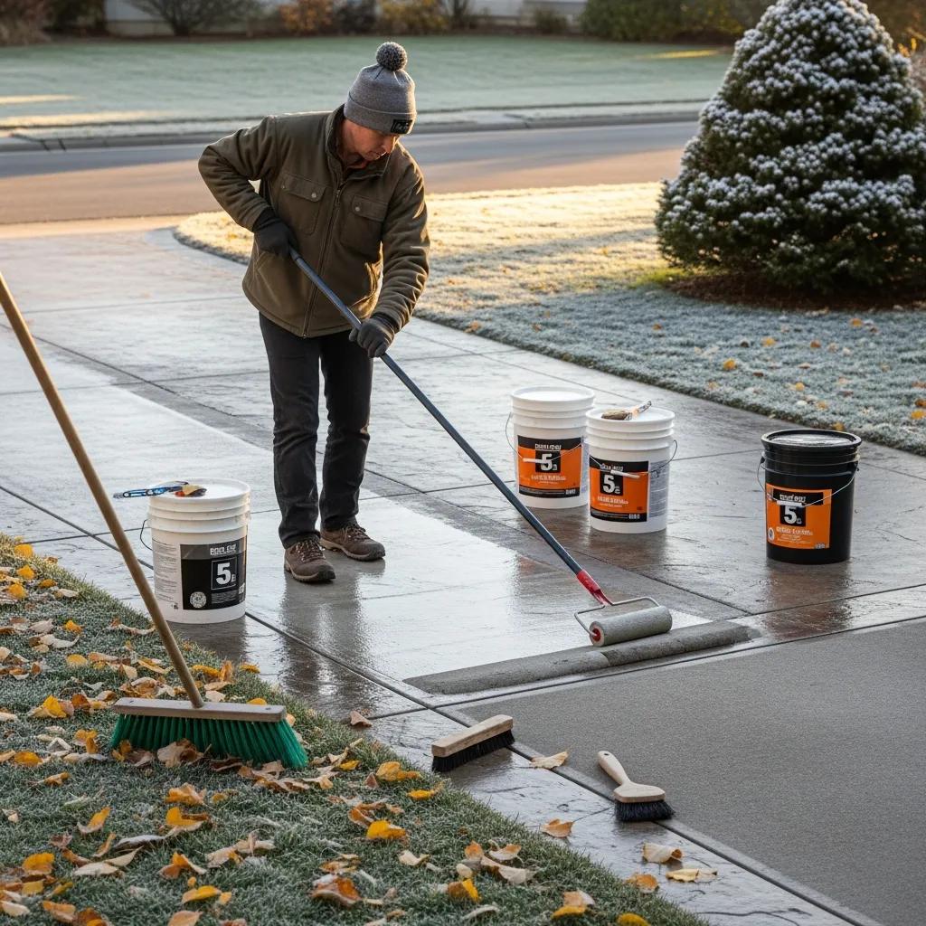 Homeowner applying sealant to a concrete driveway for winter protection, surrounded by buckets of sealant and tools, emphasizing seasonal maintenance in Greensboro, NC.
