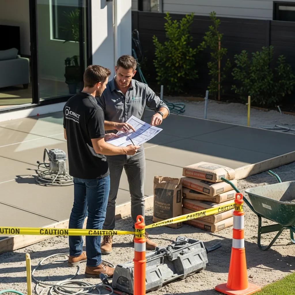 Homeowner consulting with licensed concrete contractor about repair benefits