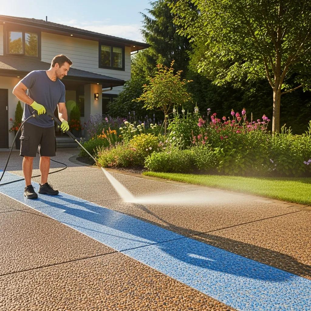 Man using a pressure washer to clean an exposed aggregate driveway, surrounded by a well-maintained garden and house, emphasizing driveway maintenance practices.
