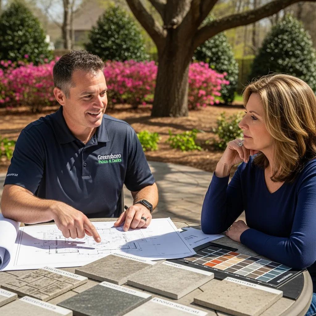 Local contractor consulting with homeowner about concrete patio design, reviewing plans and material samples outdoors in a landscaped setting.
