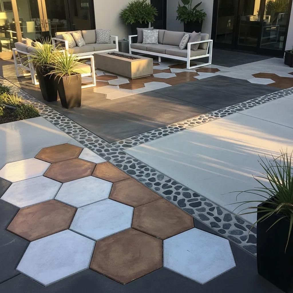 Modern outdoor space featuring geometric patterns in decorative concrete, including hexagonal tiles with earthy tones, integrated metallic epoxy finishes, and pebbled borders, designed for contemporary landscaping in Greensboro.