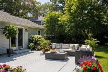Newly installed concrete patio in a sunny residential backyard with outdoor furniture and greenery