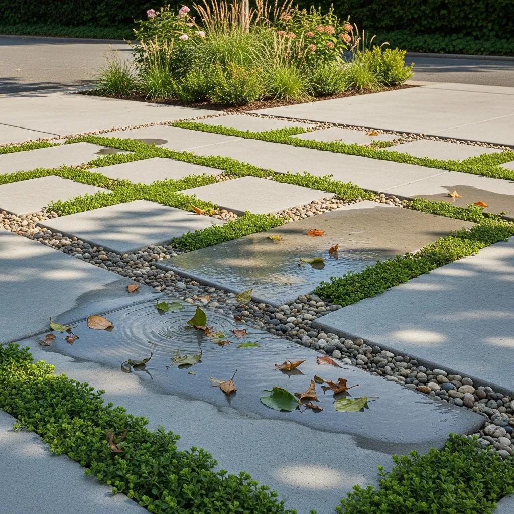 Permeable concrete driveway with eco-friendly landscaping, featuring interspersed greenery and stone edging, showcasing effective water drainage and sustainable design.