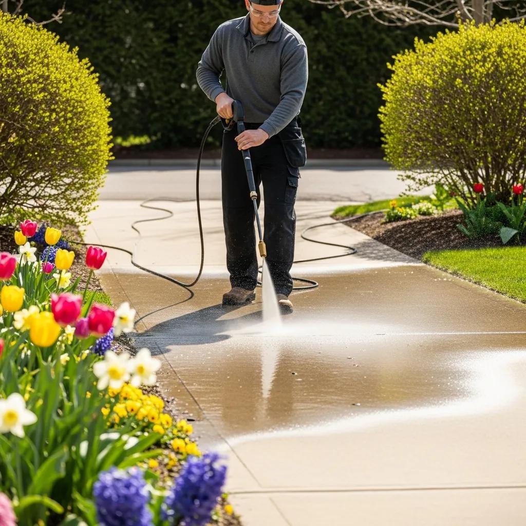 Person pressure washing a concrete driveway surrounded by colorful spring flowers, demonstrating spring cleaning maintenance for driveway upkeep.