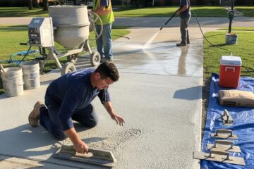 Professional concrete repair service applying overlay on driveway