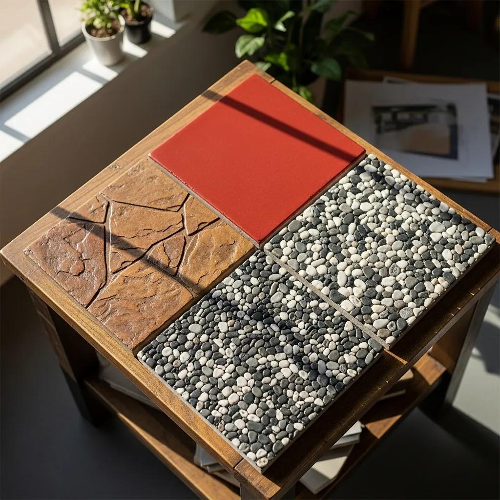 Samples of decorative concrete finishes including stamped, colored, and exposed aggregate, emphasizing aesthetic options for driveways