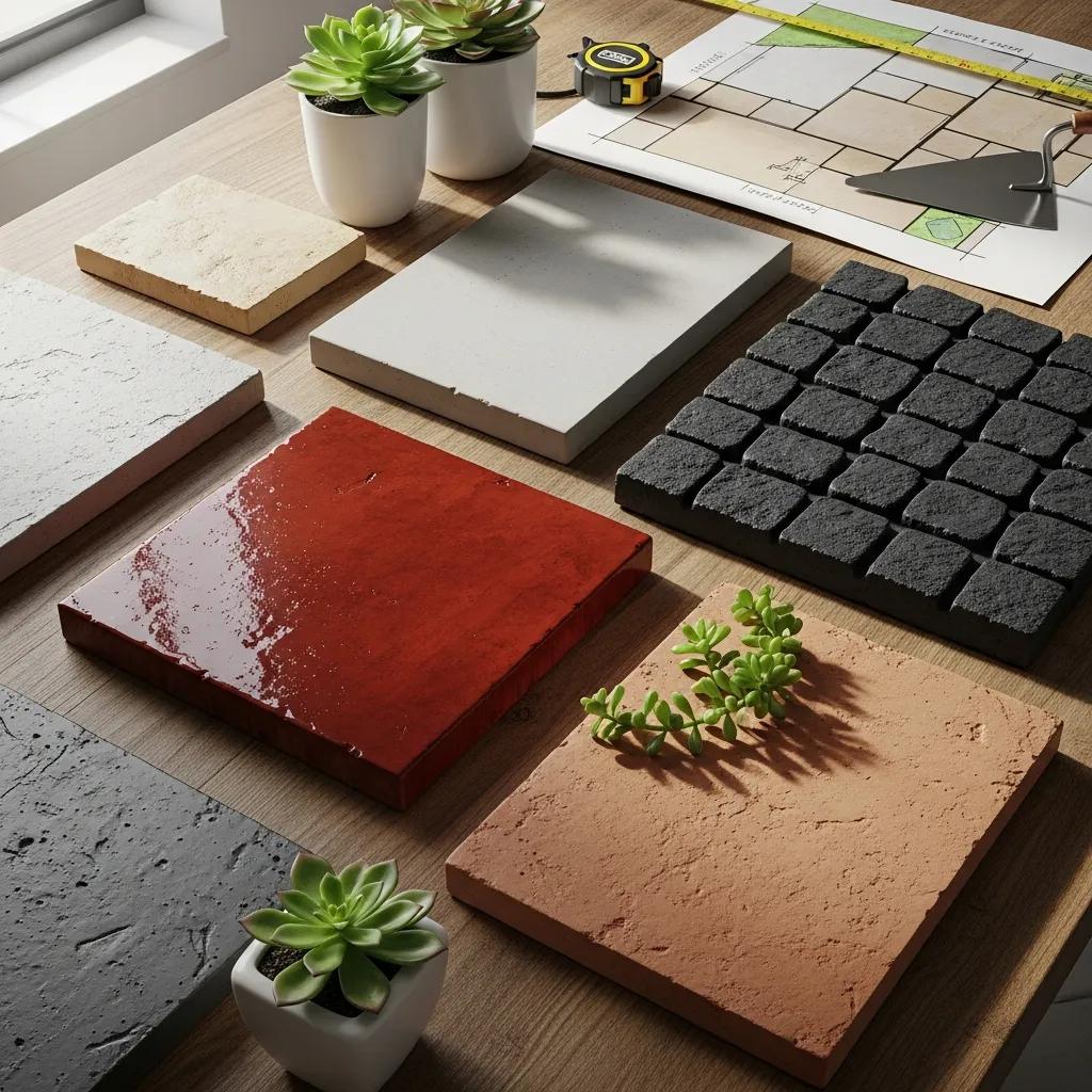 Variety of colored concrete samples showcasing stained, integral, and stamped options for patios