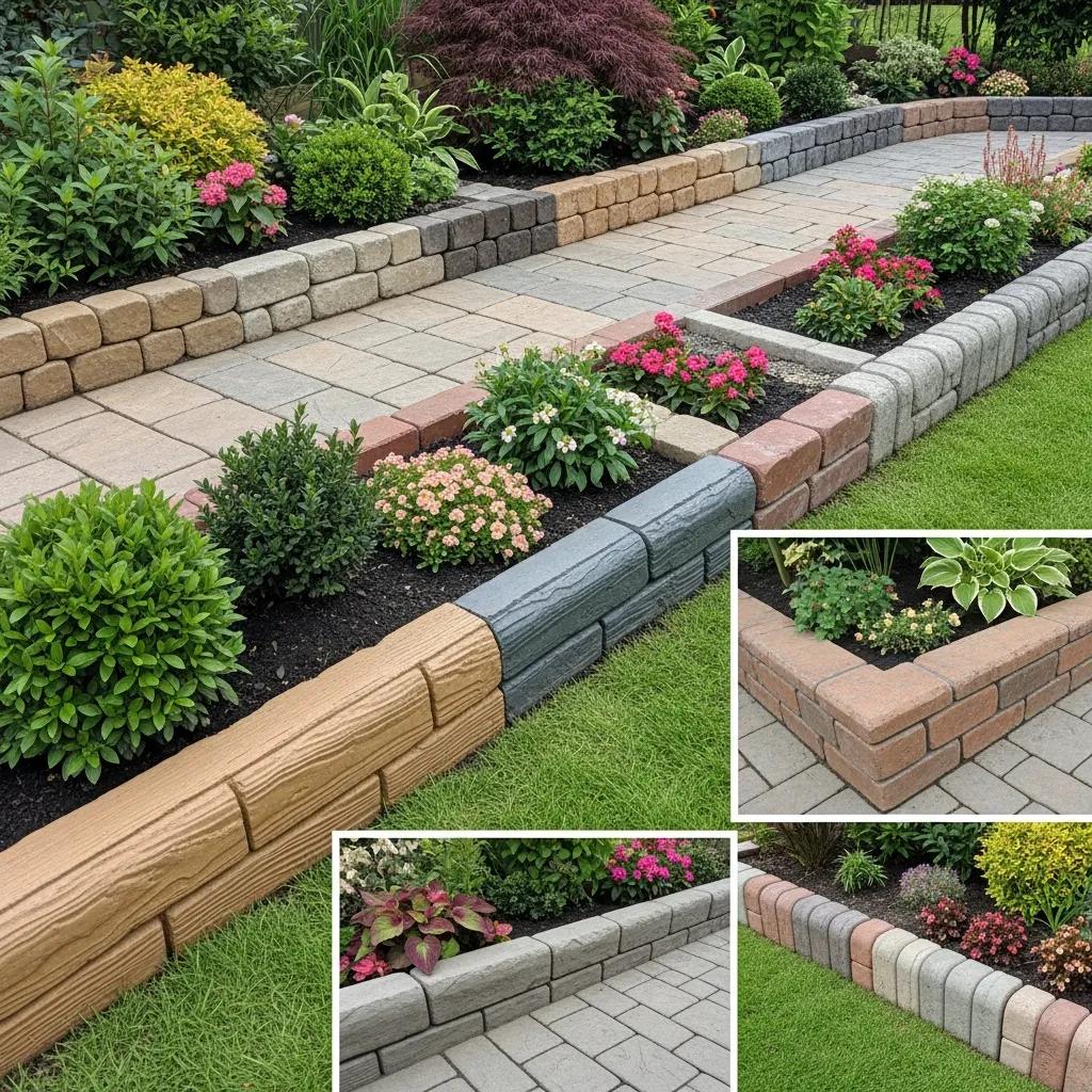 Variety of decorative concrete edging options showcasing different textures and colors for enhancing driveway aesthetics, surrounded by vibrant flowers and greenery in a residential landscape.