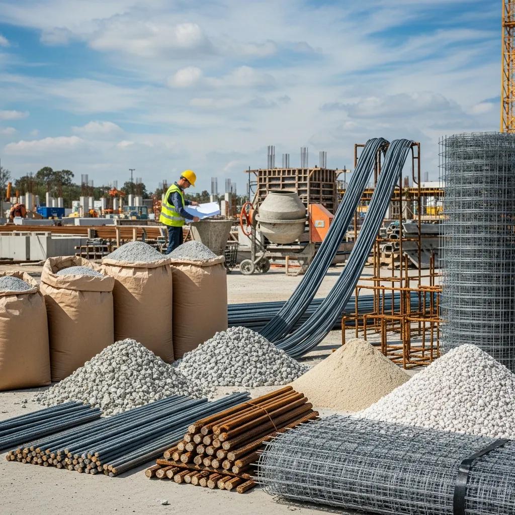 Construction site displaying various concrete materials including aggregates, rebar, and bags of mix, with a worker reviewing plans.