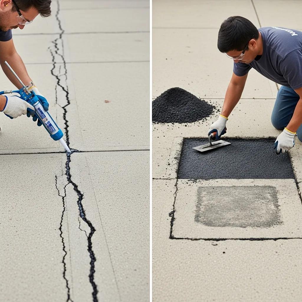 Workers applying crack filling and pothole patching techniques on a concrete driveway, showcasing residential concrete repair methods.