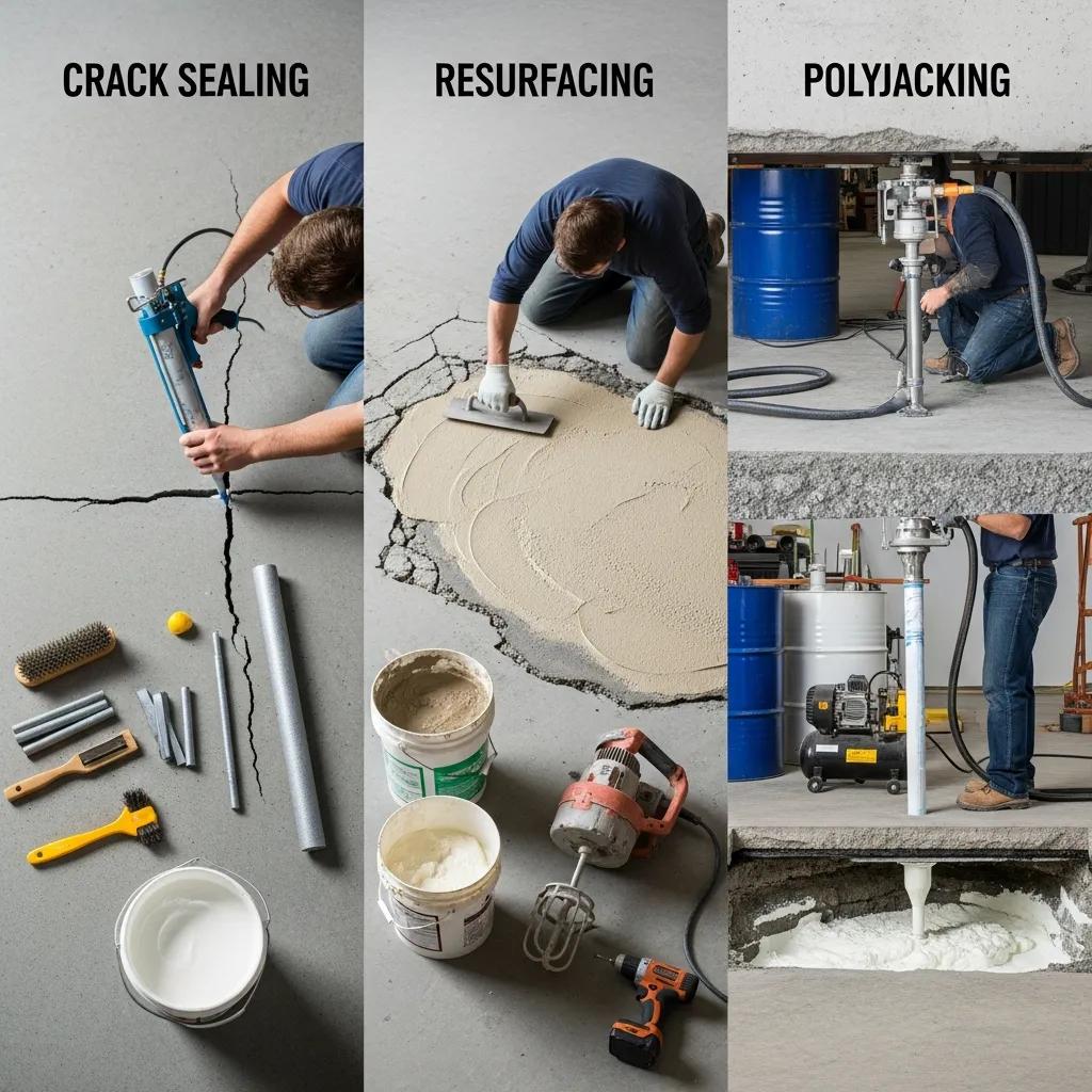 Visual representation of common concrete repair techniques and tools