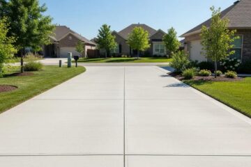 Well-maintained concrete driveway in a suburban setting, showcasing smooth surface and curb appeal