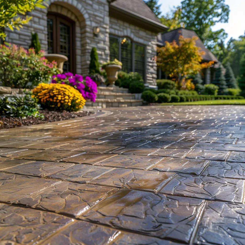 Close-up of a stamped concrete driveway mimicking traditional brick, enhancing curb appeal