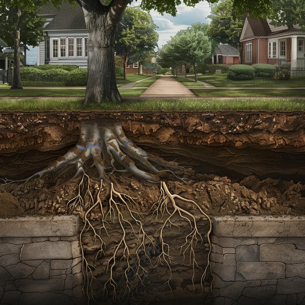 Cross-section of Greensboro soil showing clay layers and tree roots affecting sidewalk durability